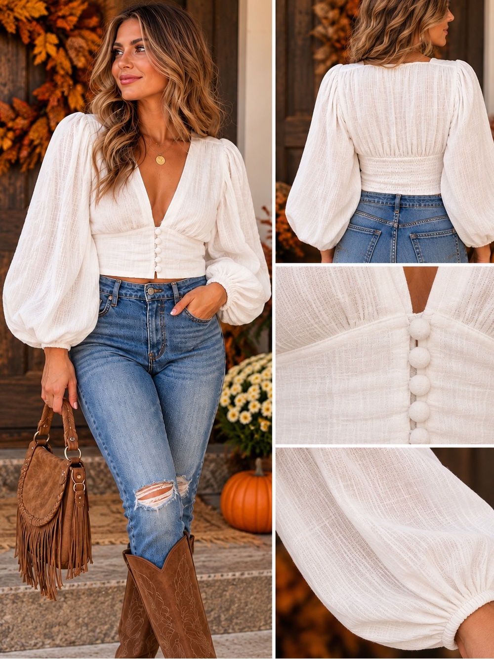 White Fox Boutique Cream Button-Front Puff Sleeve Crop Top
